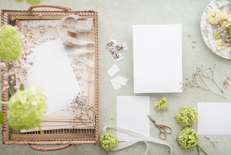 Beautifully designed wedding invitation flat lay